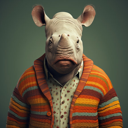 a rhino wearing a sweater and plaid stands out in this photorealistic fantasy-style photo. the vibrant colors, enhanced by vray, create an emotionally charged portrait. the combination of stripes and shapes adds visual interest to the dark beige and orange tones. discover this unique image on flickr, showcasing saturated colorism at its finest. ai generatedの素材