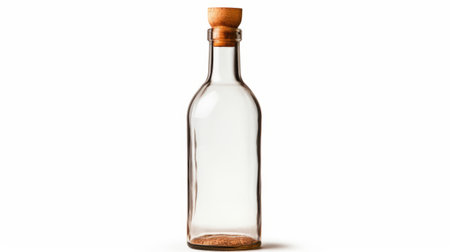 glass bottle with wood stopper, featuring a simple design, stands on a white background. this unique fusion of mexican and american cultures embodies the essence of absinthe culture. the translucent water inside the bottle adds an intriguing touch. the light white and light maroon colors further enhance its aesthetic appeal. creative commons attribution. ai generatedの素材