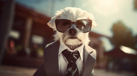 a dog dressed in a black and white suit, complete with a tie, sunglasses, and polished shoes, exudes an epic ceo boss vibe. the photorealistic style captures the dog in a walking position, showcasing its cute-meets-boss style. with a depth of field effect, cinematic lighting, and ultra hd resolution, this 32k image is truly captivating. ai generatedの素材
