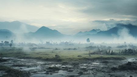 smoke rises over the mountains, creating a post-apocalyptic backdrop reminiscent of indonesian art. this national geographic photo captures the serene pastoral scene with vray technology, showcasing the eerily realistic rural landscape. ai generatedの素材