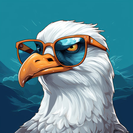 eagle wearing glasses perched against a vibrant blue sky. this artwork showcases a crisp neo-pop style, reminiscent of aleksandr deyneka's illustrations. the image combines elements of 2d game art, explosive wildlife, marine painting, and caricature faces, creating a unique and captivating composition. kevin hill's influence can also be seen in the vibrant colors and attention to detail. ai generatedの素材