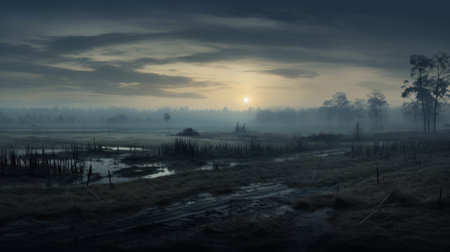 a misty green pond, reminiscent of anton semenov's style, captures the essence of dutch landscapes. this uhd image by raphael lacoste showcases a captivating blend of dark blue and light amber hues. the rural landscapes and suffolk coast views add a touch of tranquility to this mesmerizing scene. ai generatedの素材