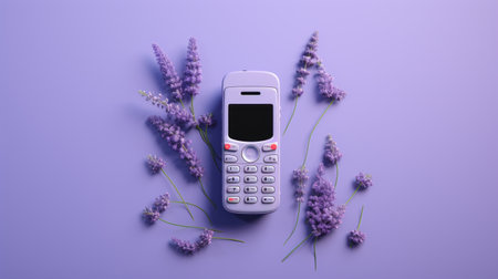 a mobile phone is seen lying on a vibrant purple background, reminiscent of delicate flora depictions. the image is captured in the style of hyperrealistic still lifes, using kodak vision3 200t film with minimal retouching. the tranquil gardenscapes and suburban ennui are beautifully captured, evoking a sense of vaporwave aesthetics. ai generatedの素材