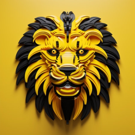 a lego lion, depicted in a detailed and layered composition, stands on a vibrant yellow background. created using cinema4d, this pop-inspired installation showcases dark yellow and black tones. the fluid and dynamic lines add a sense of movement, while the symmetrical composition and use of bright colors enhance the visual impact. ai generatedの素材