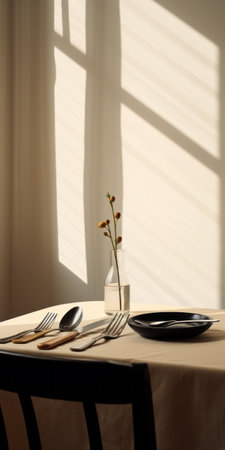 a fork rests on a neoprene table, bathed in natural light from a nearby window. this minimalistic japanese-inspired scene features a color palette of black and beige, creating a whimsical ambiance. the still life composition is sparse and simple, with subtle, folk-inspired elements. captured by an interior design photographer using a canon eos r5, the image showcases intricate details and a realistic feel, reminiscent ofの素材