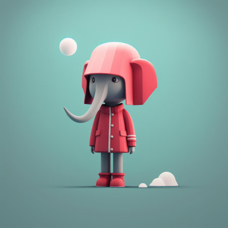 a small red elephant wearing a helmet stands beside a white cloud in this detailed character design. the minimalist graphic designer has created a unique style, incorporating elements of sketchfab, dark cyan, and pink. the elephant, made of plastic, showcases the creativity of industrial design, while also drawing inspiration from the mori kei aesthetic. ai generatedの素材