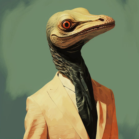 a large bird wearing a suit and a red hat stands out in this realistic and hyper-detailed rendering. the desertpunk style adds a unique touch, while iconic pop culture references and dinocore elements make it truly eye-catching. this celebrity-portrait-inspired artwork features a color palette of dark yellow and light beige, presented in a flat illustration style. ai generatedの素材