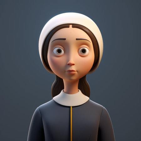 a 3d animating nun character, character4d, is depicted in a studio portrait. the character design showcases a cartoonish innocence with meticulous attention to detail. the style of the portrait is reminiscent of classic portraiture, featuring a combination of light navy and yellow colors. captured using the tamron 24mm f/2.8 di iii osd m12 lens, this image showcases the intricate details of the character's design. aiの素材