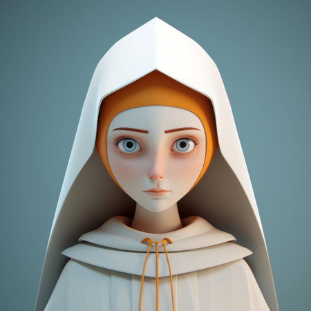 a portrait of a nun with an orange hood, featuring a simplistic cartoon style of hard surface modeling. the light white and azure colors give it a medieval-inspired feel. the playful character designs showcase sculpted, cartoonish innocence. ai generatedの素材