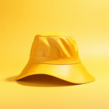 a yellow bucket hat with a sun screen is showcased on a vibrant yellow background. the hat is depicted in a realistic and hyper-detailed rendering style, giving it a shiny and glossy appearance. this 3d image by yanjun cheng captures the fluid form of the hat, creating an ironical visual. ai generatedの素材
