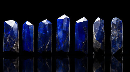 six streaks of lapis, resembling faceted shapes, glisten in the sunlight. the raw authenticity of the materials is evident, with a captivating redshift, dark sky-blue, and light black hues. the precise and sharp lines of the image capture unconventional poses, adding an intriguing element to the composition. ai generatedの素材