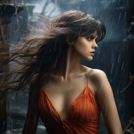 alexandra daddario's profile shot showcases her stunning features, including her graceful neck and fair complexion. with her head turned to reveal her defined traps and neck muscles, the image exudes a cinematic atmosphere reminiscent of a fantasy orange color paradise. ai generatedの素材