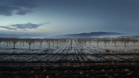 an orchard on the outskirts of the fields, captured with realistic chiaroscuro lighting, showcases the beauty of the italian landscape. the terragen effect adds depth and texture to the image, while the samyang af 14mm f2.8 rf lens captures the flattened perspectives and panoramic scale of the nightscapes. ai generatedの素材