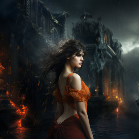 alexandra daddario's profile shot showcases her stunning features, including her graceful neck and captivating gaze. her fair complexion contrasts beautifully against the fantasy orange backdrop, creating a cinematic atmosphere. the image highlights her well-defined traps and neck muscles, adding to her overall allure. ai generatedの素材