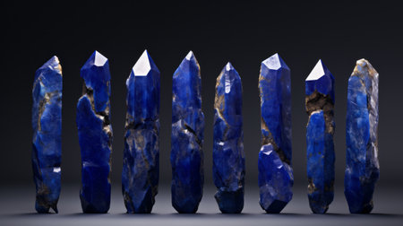 large lapis lazuli points protruding from the ground, showcasing focus stacking technique. trapped emotions depicted through monochromatic color schemes and radiant clusters. symbolic identity captured in this tabletop photography, representing the years 1860-1969. ai generatedの素材