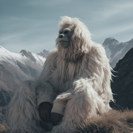 a white gorilla sits on a rock, surrounded by snow, in a surreal fashion photography style. the detailed costumes add to the artistic appeal of the image. the mountainous vistas create a stunning backdrop for this solarizing master. the frostpunk atmosphere adds an element of intrigue to the candid shots of famous figures, giving the image a cinematic quality. ai generatedの素材