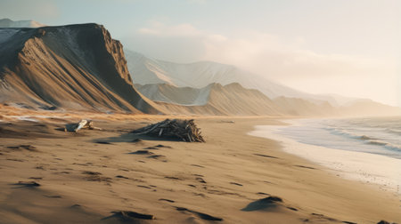 a mesmerizing beach scene captured in the snow, showcasing majestic mountains and sandy shores. this stunning image, reminiscent of the unreal engine 5 style, highlights the beauty of australian landscapes. enhanced by ray tracing technology, it unveils mystical creatures and landscapes. the presence of wood and desertwave elements adds a touch of intrigue, while the golden light casts a magical glow. ai generatedの素材