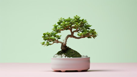 a small bonsai sits on a table, surrounded by a light pink background. the bonsai is styled with dark silver and green hues, creating a visually striking image. this uhd photo by matthias jung showcases the artistic talent of tang yau hoong, the contest winner, who skillfully incorporates graceful curves and vibrant colors into the composition. ai generatedの素材
