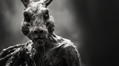 a rabbit, in the style of ethereal sculptures, holds a bone in its hand. this monochrome portrait, made of trash, showcases atmospheric woodland imagery. the detailed facial features and close-up shot capture the essence of the artwork by grzegorz domaradzki. ai generatedの素材