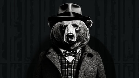 a bear, dressed in a hat and coat, poses for a dramatic black and white portrait. this pop culture mash-up combines elements of graflex speed graphic photography with photographically detailed portraiture. the bear's fur is a mix of gray and brown, adding to the richness of this wealthy portraiture. captured by mike campau. ai generatedの素材