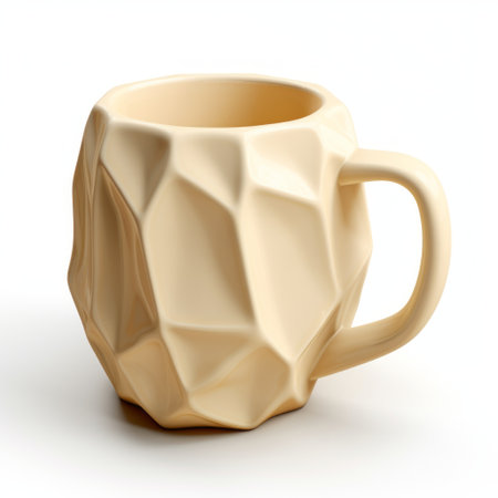 a low poly, light yellow and beige mug in the shape of a curved geometric form. this daz3d creation features detailed engraving, cubist faceting, and a realistic rendering that imitates the material used. ai generatedの素材