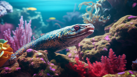 an eel swims gracefully amidst a vibrant coral reef teeming with marine life. in the foreground, a skink finds solace on a rocky surface. this captivating wide-angle shot showcases the breathtaking beauty and diversity of the underwater world. the image, captured in 8k resolution, brings the lifelike details of this mesmerizing scene to life. ai generatedの素材