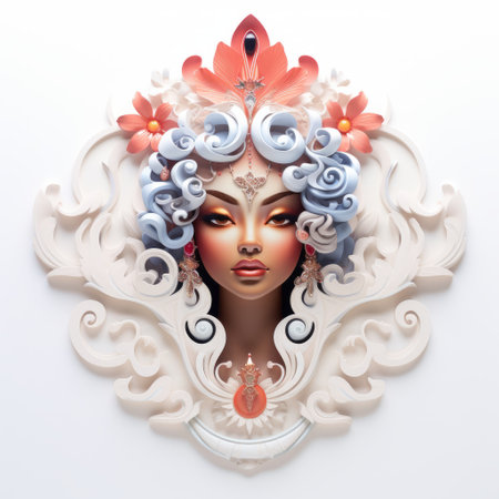 a clay portrait of a woman with an opulent flower arrangement on her head, reminiscent of the style of cyril rolando. the sculpture features colorful layered forms and intricate relief details, created by artist shilin huang. the photo captures the artwork in a matte finish, showcasing the light white and crimson tones. ai generatedの素材