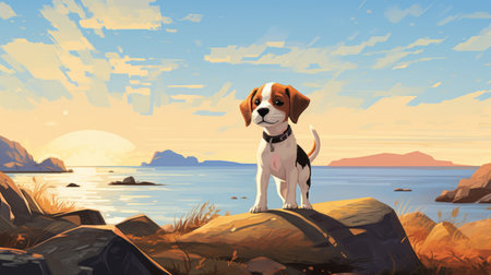 a dog stands on a rock with the sun behind it, creating a vibrant coastal landscape in the style of digital painting. the flat perspective and bold, cartoonish lithographs give it a unique and lively feel. the dappled lighting adds a touch of realism, while still maintaining a romantic atmosphere. ai generatedの素材