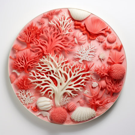 coral and shells in a plastic shell, resembling paper cut-outs, create a porcelain-like composition. the detailed and layered arrangement showcases light red and pink hues, exuding a sense of pristine naturalism. circular shapes and tangible textures add depth to this visually captivating image. ai generatedの素材