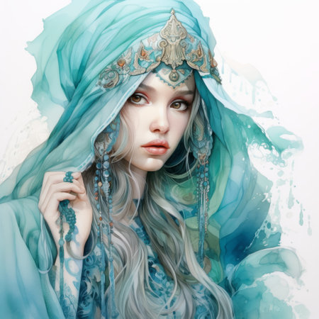 a young girl wearing a blue headdress and with long hair is depicted in this realistic painting with fantasy elements. the artwork features a color palette of light gray and light emerald, showcasing richly layered and translucent water. dreamlike figures are incorporated into the composition, with hints of dark cyan and gold adding depth to the painted illustrations. ai generatedの素材