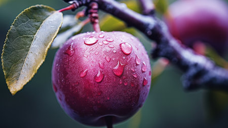 red grape on a branch, adorned with water droplets, captured in the artistic style of caras ionut. this mesmerizing image showcases the applecore's environmental awareness, with a monochromatic color scheme of dark indigo and pink. the uhd quality allows you to appreciate every blink-and-you-miss-it detail. ai generatedの素材