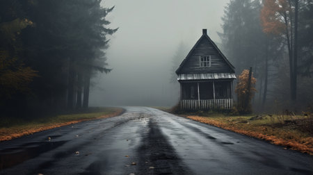 an old cottage nestled in the heart of a misty forest, exuding a dark and spooky ambiance. the gray and amber tones add to the romanticized country life feel, while the 8k resolution captures every intricate detail. this enchanting image embodies the essence of cottagepunk, reminiscent of the captivating artistry of the northwest school. ai generatedの素材