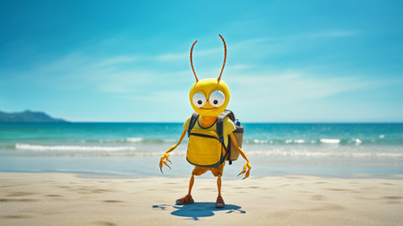 an insect, resembling a character from action-packed cartoons, stands on the sandy beach. this vibrant image captures the essence of vacation dadcore with its inventive character designs and yellow color palette. the high-resolution uhd quality showcases the intricate details of the insect, making it a captivating national geographic photo. perfect for ocean academia enthusiasts. ai generatedの素材