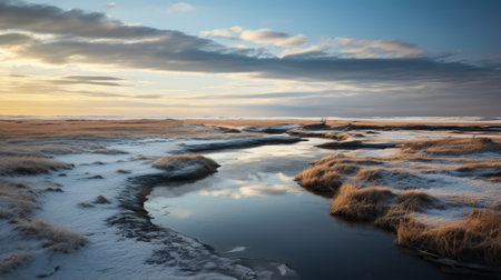 a stunning landscape photo captures the reflection of a vibrant sunset, reminiscent of the style of even mehl amundsen. delicate washes of light amber and sky-blue hues create a mesmerizing atmosphere. shot with the tokina at-x 11-16mm f/2.8 pro dx ii lens, this image showcases dark, foreboding landscapes and coastal scenes, with flowing textures adding depth and intrigue. ai generatedの素材