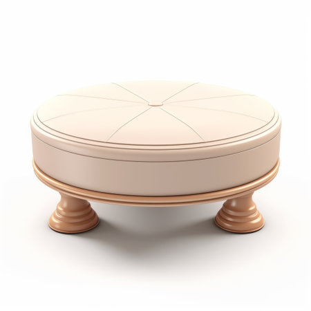 a round ottoman with classical balance, featuring a light pink and light amber color scheme, is showcased on a white background. the ottoman is skillfully modeled with a hard surface, elongated shape, and classical proportions. this realistic impression of the ottoman is available under the creative commons attribution license. ai generatedの素材