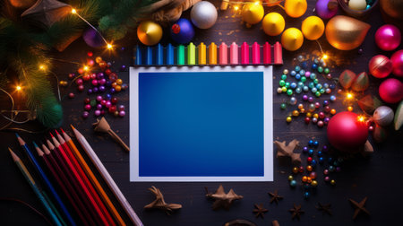 a photo of a sheet covered in holiday trimmings and ornaments, featuring a vibrant spectrum of dark blue and dark azure colors. the composition is unique, with a bold chromaticity and a style reminiscent of painting and writing tools. the pictorial space is filled with cute and colorful elements, creating an eye-catching image. ai generatedの素材