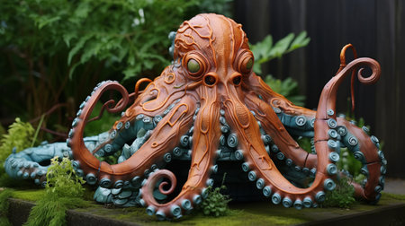 a realistic cybersteampunk octopus statue, intricately sculpted in dark orange and teal, stands in a garden. the hard surface modeling showcases its intricate details, while the tabletop photography captures its beauty. the statue's design is inspired by naturalistic ocean waves, complementing the realistic marine paintings in the background. ai generatedの素材