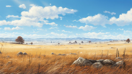 a grassy land with lots of rocks, featuring a realistic landscape with soft, tonal colors. the light amber and sky-blue hues create a serene atmosphere. this anime art showcases detailed hunting scenes and painted illustrations. the brushstroke fields and realistic, detailed rendering bring the landscape to life. ai generatedの素材
