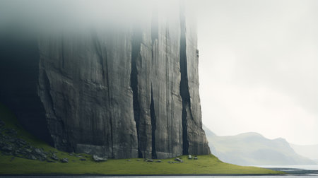 rocks and trees surround a distant mountain in this minimal retouching style photograph. the image exudes a moody and atmospheric vibe, showcasing columns and totems in a masterfully composed panel. tilt-shift photography techniques add depth to the dark gray and green tones, reminiscent of a captivating national geographic photo. ai generatedの素材
