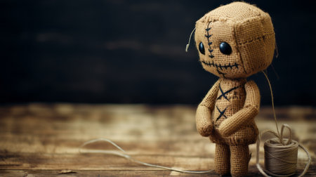 wooden teddy bear sitting near threads, exuding a dark and spooky vibe. this unique photo captures elements of frogcore, smilecore, and frayed aesthetics. the charming anime characters add a touch of whimsy, while the post-punk diy vibe emphasizes human connections. ai generatedの素材
