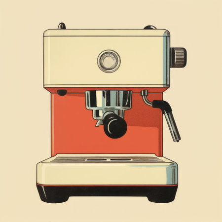 vintage coffee machine displayed on a beige background, featuring simple and colorful illustrations with photorealistic detail. the light orange and red hues create a striking contrast, enhanced by the juxtaposition of hard and soft lines. processed with darktable for a dynamic color effect, this editorial illustration captures the essence of retro coffee culture. ai generatedの素材