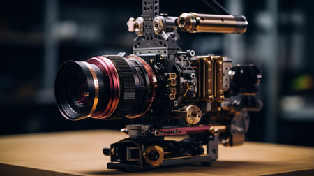 an old vintage-looking camera, designed in the style of unreal engine 5, showcases a captivating blend of dark pink and gold. this camera is perfect for documentary film-making, with its intricate detailing and modular design. it features the renowned tokina at-x 11-16mm f/2.8 pro dx ii lens, known for its exceptional quality. this award-winning camera is a true gem for any photography enthusiast. ai generatedの素材