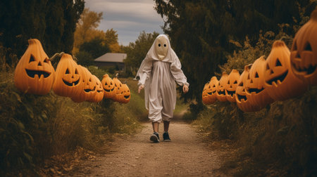 child in white skeleton costume walking through a wooden path covered in pumpkins, creating an ominous vibe. the darkly comedic style of ben wooten and polixeni papapetrou is evident in this scene, with masks and totems adding to the eerie atmosphere. the 8k resolution captures every detail, making this cute and dreamy image truly mesmerizing. ai generatedの素材