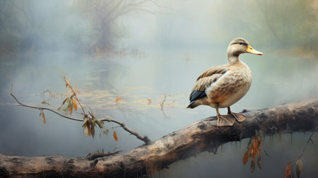 a duck perches on a branch above the water, showcasing the artistic influences of michal karcz, adrianus eversen, and beatrix potter. the misty surroundings and nature-inspired camouflage create a captivating scene. the shallow depth of field adds a dreamlike quality to this symbolic image. ai generatedの素材