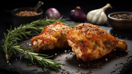 grilled chicken with spices, herbs, and rosemary, captured in a stunning 8k resolution photograph. the image showcases a dark white and amber color palette, highlighting the feminine body of the chicken. the chicken is beautifully wrapped, casting naturalistic shadows that add depth to the composition. this captivating photograph is reminiscent of the works of tintoretto and greg olsen. ai generatedの素材