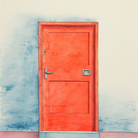 an orange door stands out against a vibrant pink wall, reminiscent of an ink wash painting. this colorful and absurd composition features elements of light blue and red, resembling editorial illustrations. the monochromatic realism of red and gray adds depth to this everyday life depiction. ai generatedの素材