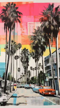 old cars driving on an urban street, surrounded by colorful cars on the sidewalk. this painting captures the essence of iconic hollywood stars through a glitch aesthetic, enigmatic tropics, and site-specific installations. the lith printing technique adds depth to the california plein air scene, while the richly colored skies create a captivating atmosphere. ai generatedの素材