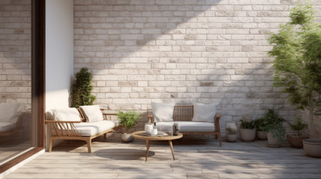 a white patio featuring white furniture, surrounded by lush bushes and plants. this stunning outdoor space, designed in the style of unreal engine 5, showcases a dark beige color scheme. rendered with meticulous detail in maya, the realistic and rustic texture of the masonry construction adds a touch of elegance. the ceramic elements further enhance the overall aesthetic. ai generatedの素材