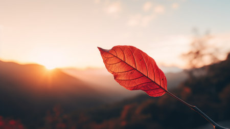 an orange leaf gracefully hangs on a mountain, illuminated by the sun, showcasing a monochromatic color scheme of dark red and light bronze. the colorized leaf stands out against the natural backdrop, creating a bold yet environmentally inspired image. the selective focus adds depth, while the leaf's sculpted shape adds an artistic touch. ai generatedの素材