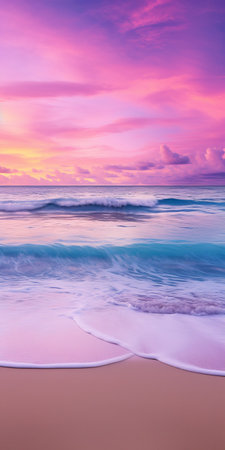 sunset over beach with water and colored sky, featuring light magenta and turquoise hues. naturalistic ocean waves crash against the shore in this high-resolution, uhd image. the vibrant color scheme creates a hypercolorful dreamscape, with a captivating color splash effect. ai generatedの素材